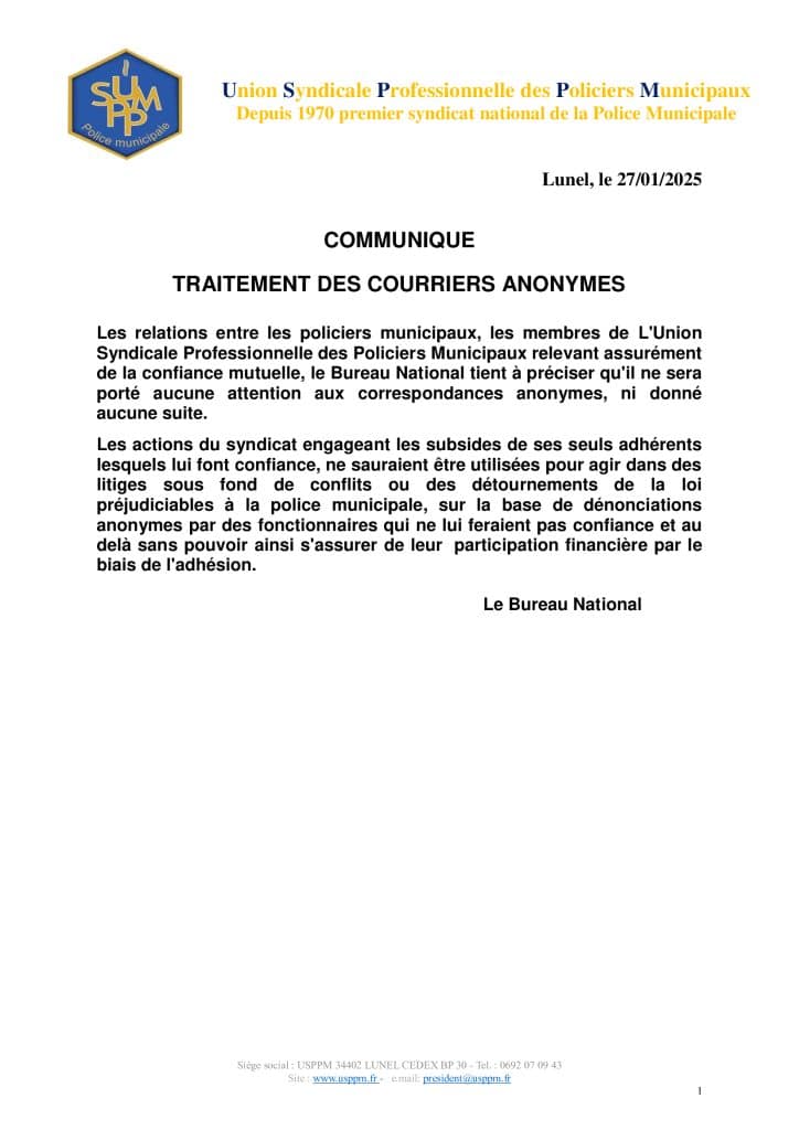 communiqué traitement des courriers anonymes